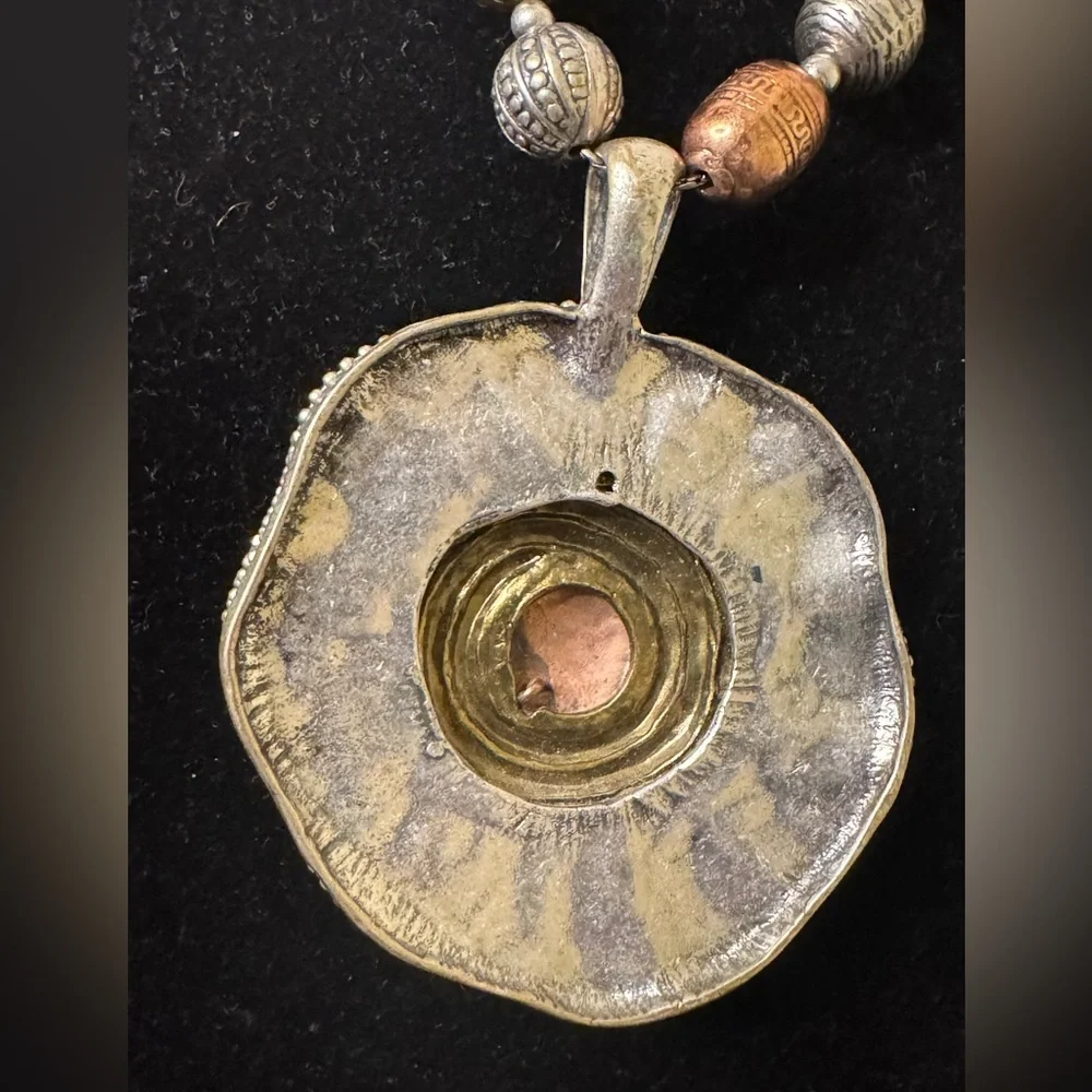 Boho Mixed Metal Statement Necklace w/ Large Textured Pendant - Picture 7 of 9